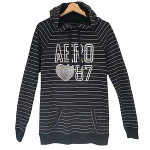 Aeropostale Medium Long Black Hoodie Pullover Silver Shimmer Stripes AERO 87
